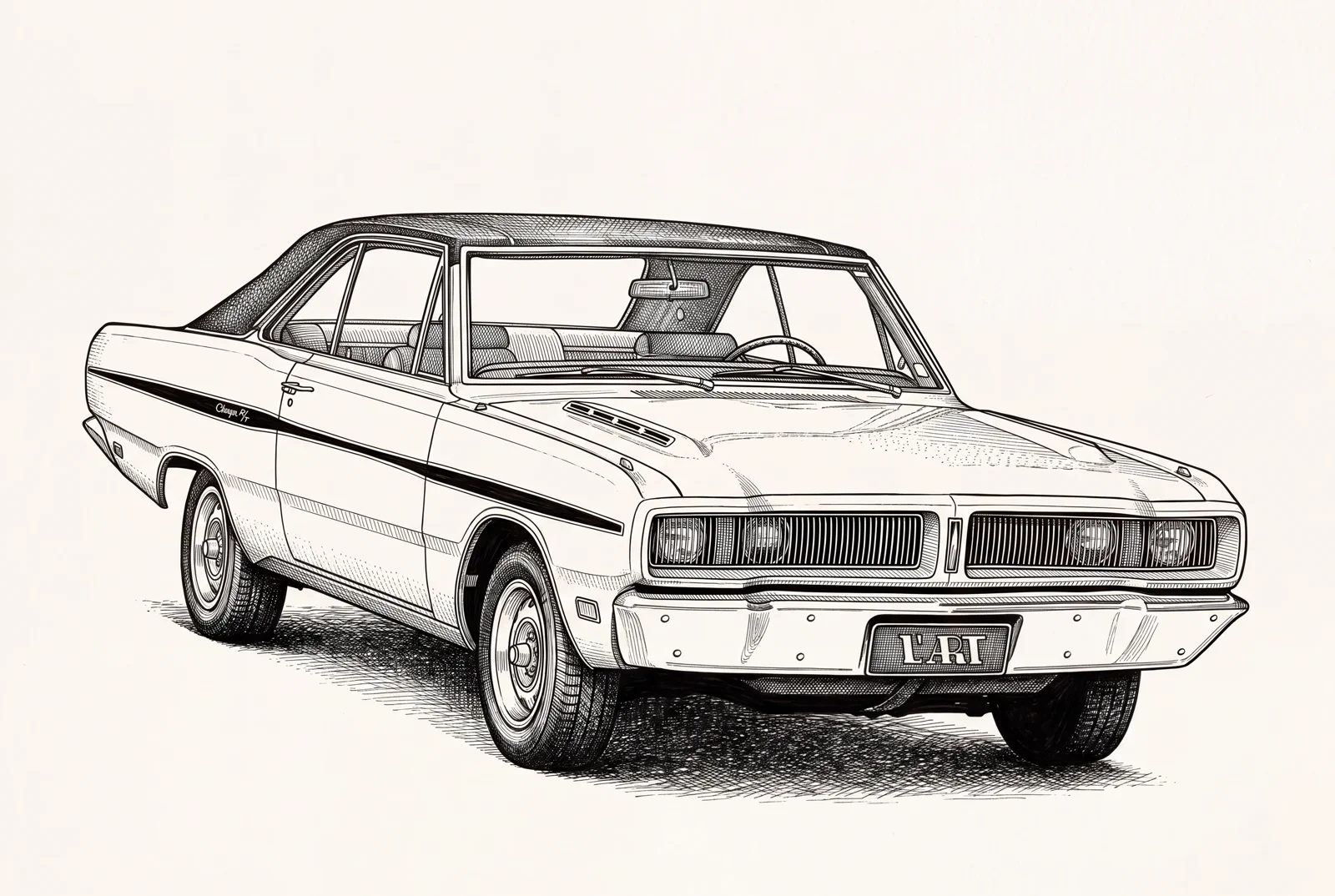 Ilustração a tinta de um Dodge Charger brasileiro, com teto de vinil, rodas cromadas e pneus detalhados